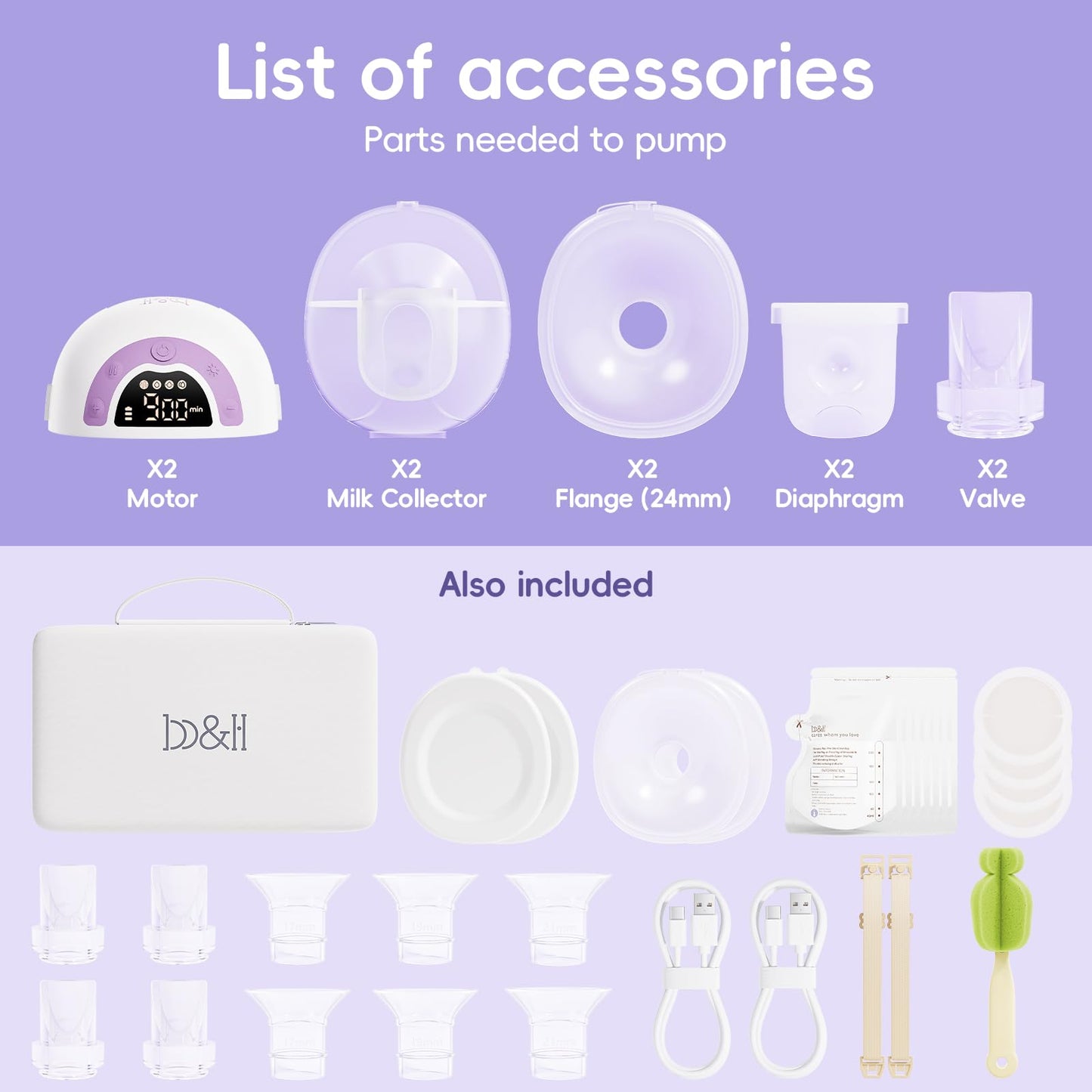 b&h Breast Pump Hands Free with Night Light, S33 Portable Electric Wearable Breastfeeding Pump, 4 Modes & 9 Levels, 27/24/21/19/17mm Flange, Baby Mouth Double-Sealed Flange, Milk Pump for Moms -Purple