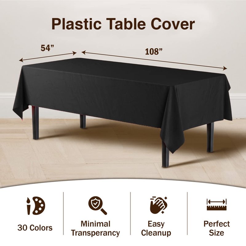 Black Plastic Tablecloth 12 Pack 54" x 108" Disposable Rectangle Table Cover for 6 to 8 Foot, Waterproof & Sturdy, for Party, Wedding, Birthday, Picnic, Indoor Outdoor - Exquisite, Black
