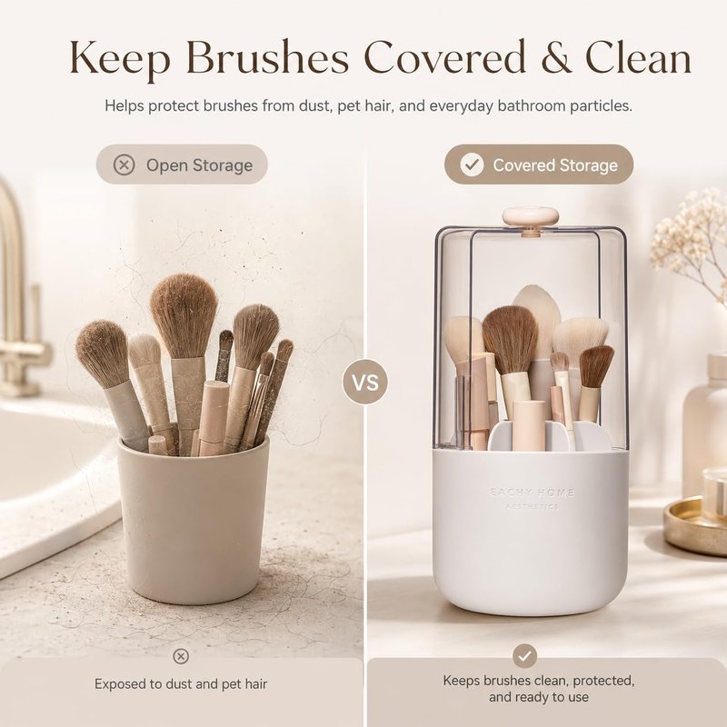 EACHY Makeup Brush Holder with Lid, 360° Rotating Vanity Organizer for Brushes, Dustproof Cosmetic Display Case, 7 Compartments, Waterproof Plastic (White)