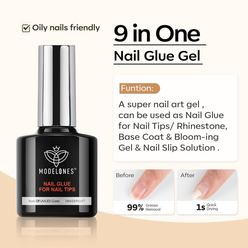 modelones X Gel Nail Glue and Top Base Coat Set, 15ML 3 PCS No Wipe Clear Gel Polish 9 in One Nail Glue for Nail Tips Press Ons Rhinestone Long Lasting Glossy Soak Off U V Manicure Gift Kit for Women