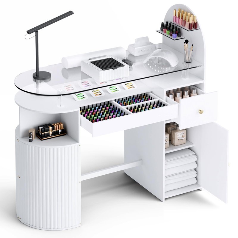 HolaiNail Manicure Table with Dust Collector, Professional Nail Tech Desk with Tempered Glass Top, Storage Cabinet & Drawer, Acetone Resistant, for Nail Beauty Salon Workstation(White)