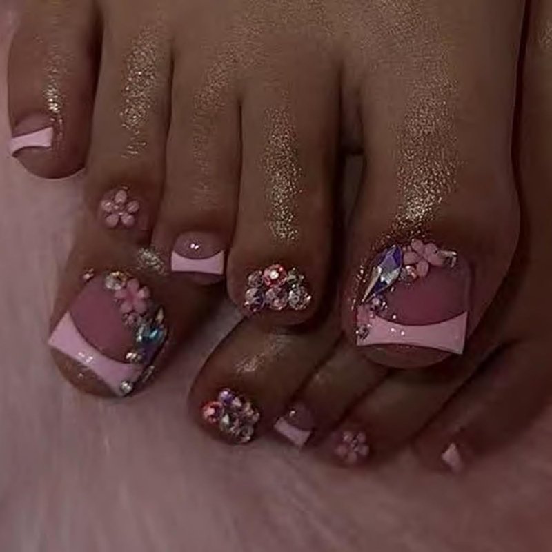 Press-On Toenails - Pink French Tip Floral Design with Rhinestones | Short Square Full Cover for Women