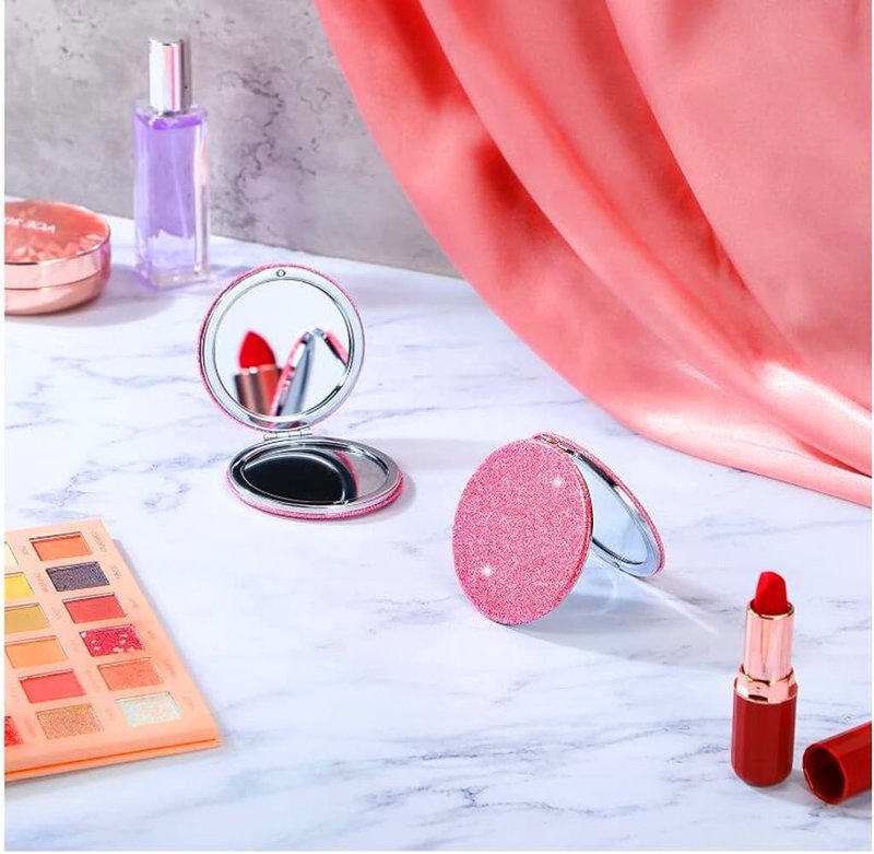 Compact Pink Makeup Mirror - Portable 2x Magnification with Glitter | Travel Essential for Women