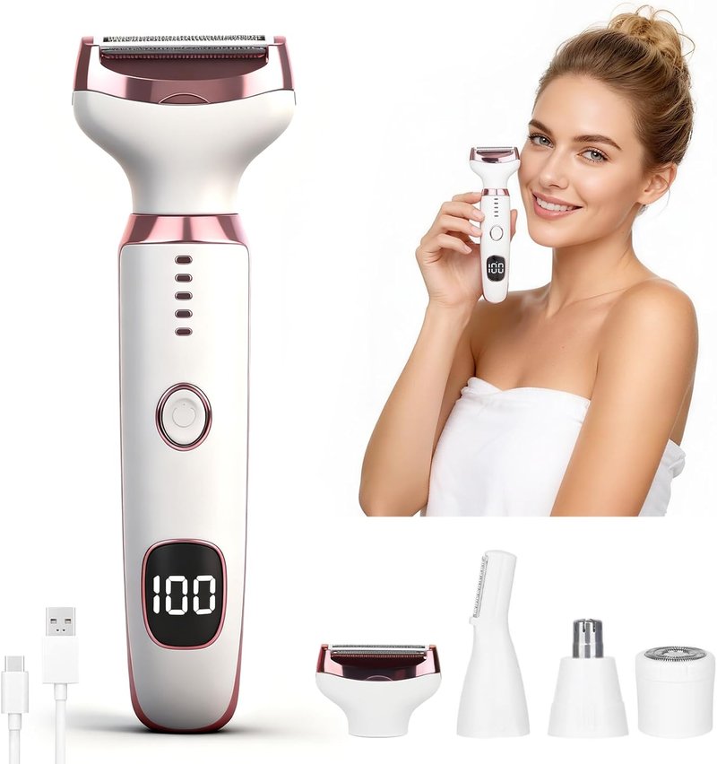 Electric Razor for Women & Men - 4-in-1 Rechargeable Shaver with LED Display | Painless Hair Remover for Body, Face, Nose, Bikini, Arms (White)