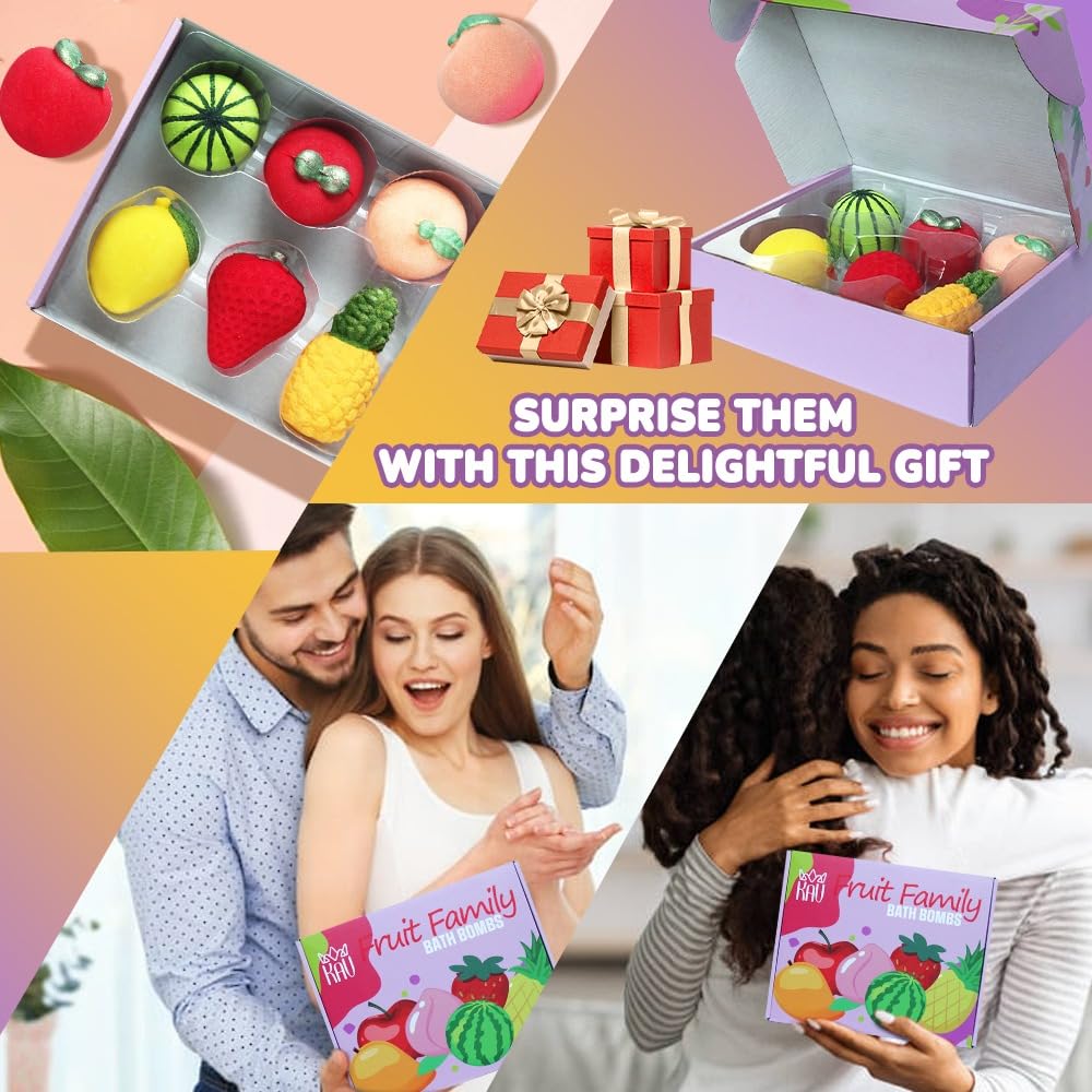 KAV Fruit Family Bath Bomb Set - 6Pcs Fruit Shaped Organic Bath Bombs for Kids, All Natural Scented Bubble Bath Bombs, Skin Safe & Non-Toxic bathbombs, Self Care Girlfriend Gifts for Spa Day
