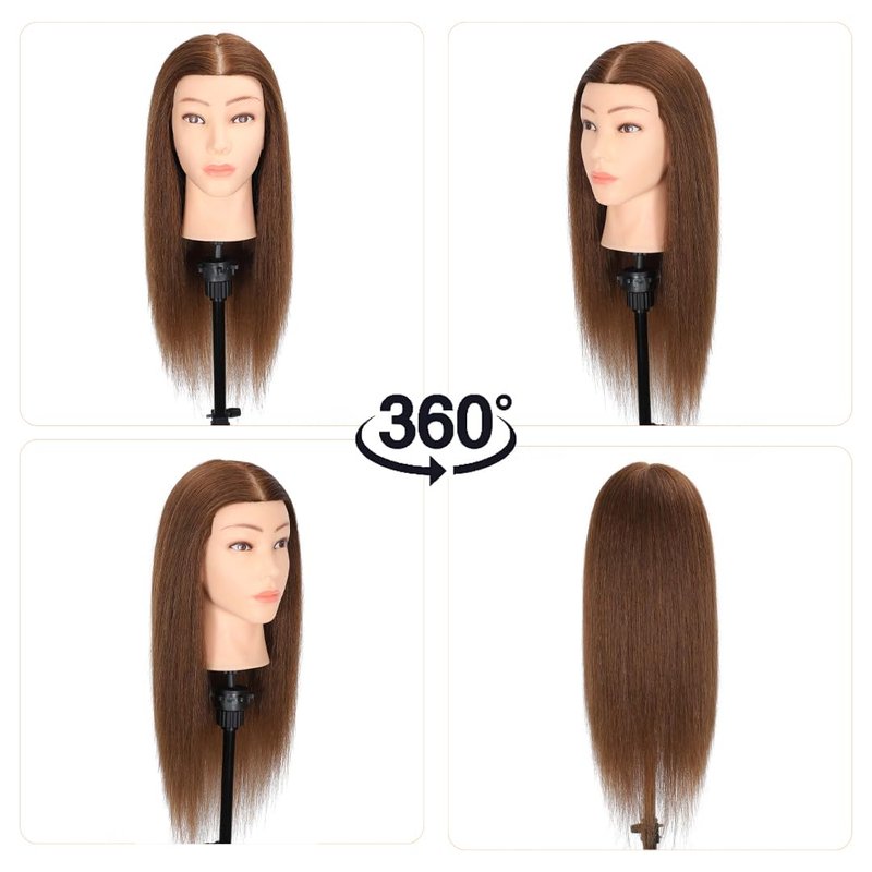 MQHIHI Mannequin Head Human Hair, 100% Real Hair Cosmetology Manikin Head for Practice Braiding Hairstyling Cutting with Free Clamp Holder and Tools (100% Brown)
