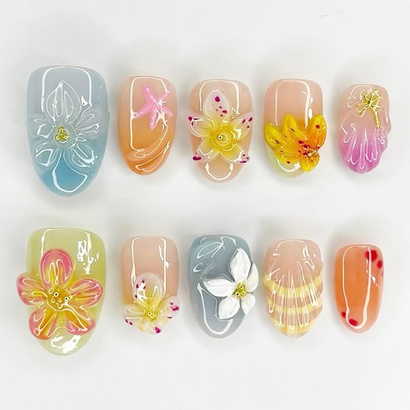 30Pcs Colorful Flower Press on Nails Short Almond Fake Nails with Gold Bead Starfish Designs Glossy Full Cover False Nail 3D Water Ripple Acrylic Nail Spring Summer Stick on Nails for Women Daily Wear