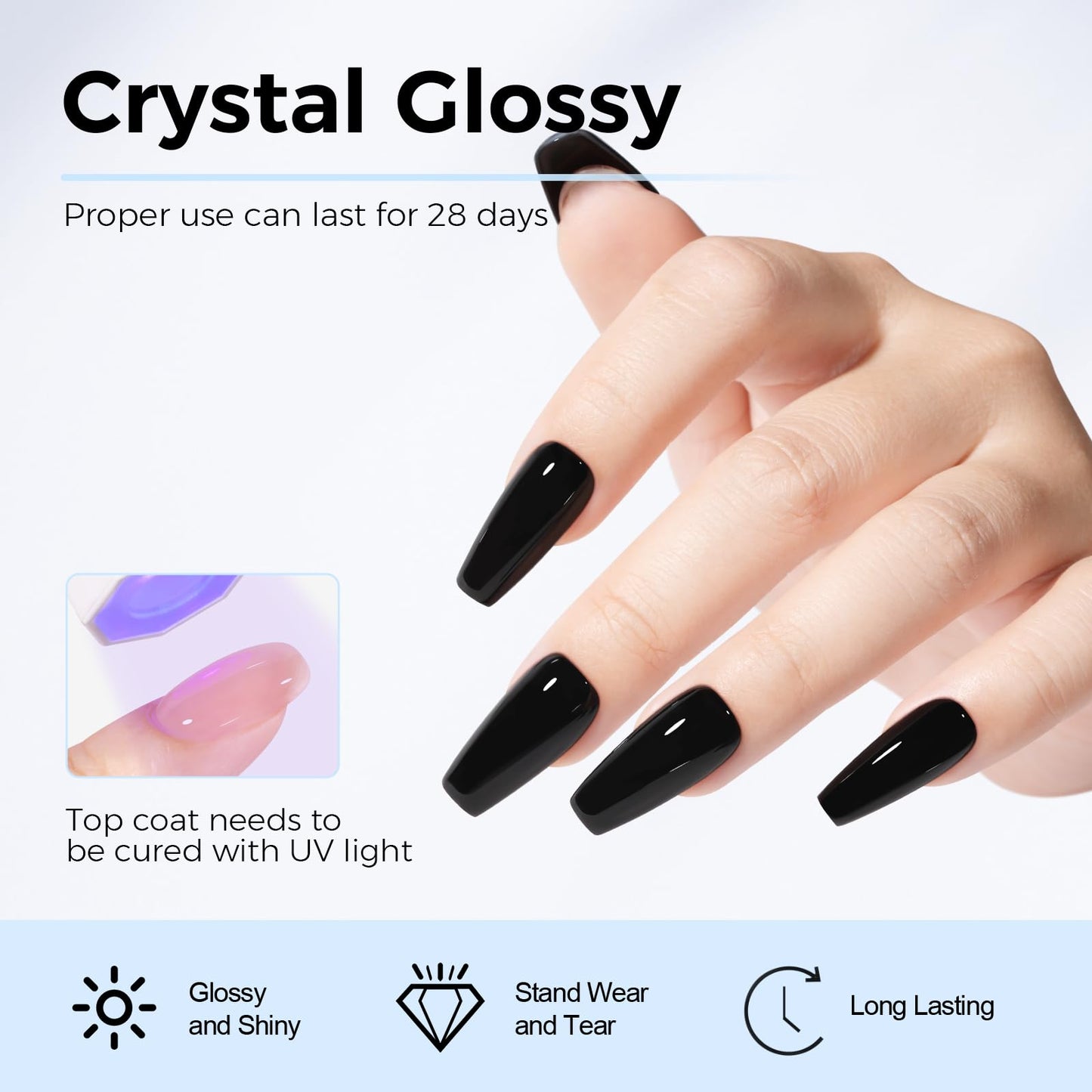 TOMICCA No Wipe Top Coat,15ml Crystal Glossy Gel Top Coat, Soak Off UV LED for Cure Long Lasting High Gloss Clear Top for Nails DIY Manicure Salon Gift for Woman