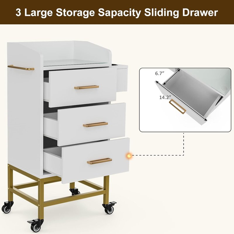 Salon Storage Trolley Cart - Lockable Wheels & Drawers | Beauty Rolling Hair Cart for Spa & Barbershop (White)