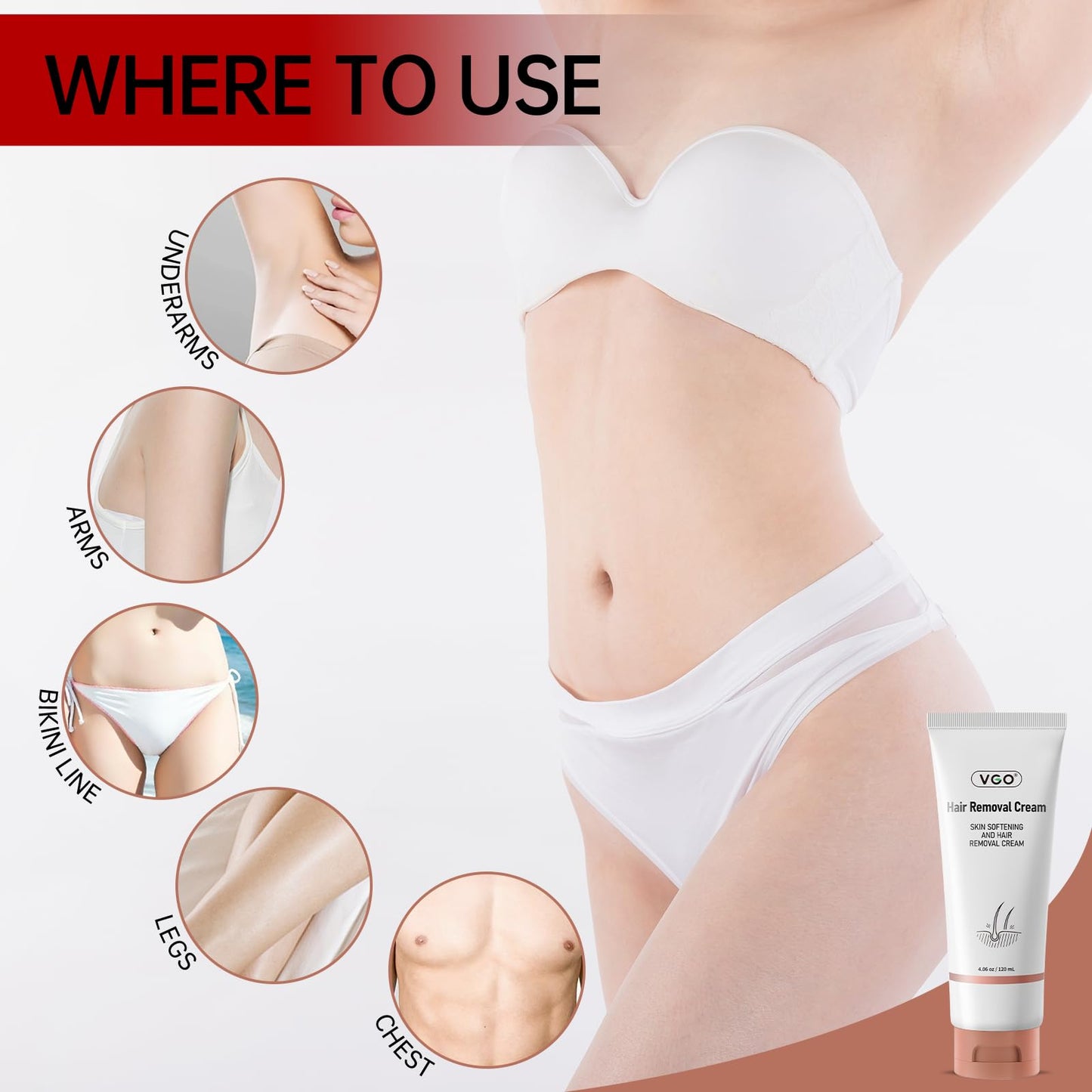 VGO Painless Hair Removal Cream for Women & Men, Hair removal cream for body, back & legs, All Skin Types, 4.06oz w/Spatula