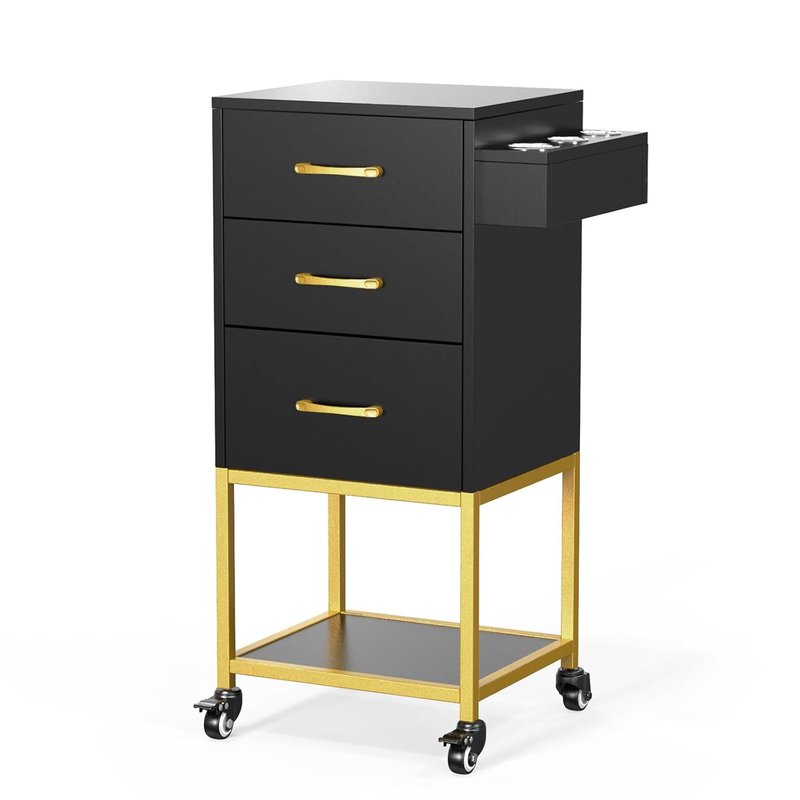 Beauty Salon Storage Trolley Cart - Wooden Hair Cabinet with Dryer Holder & Drawer | Black Hairdressing Organizer for Stylist
