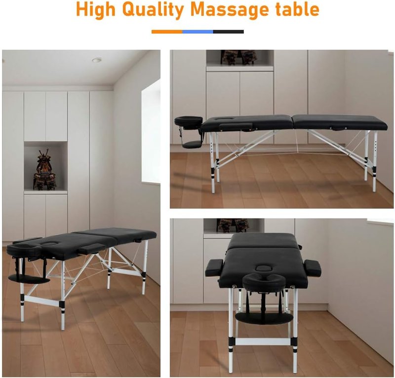 Foldable Massage Table - Portable 73 Inch Adjustable Salon Bed with Aluminum Legs & Carry Case | Supports 450 lbs - Black