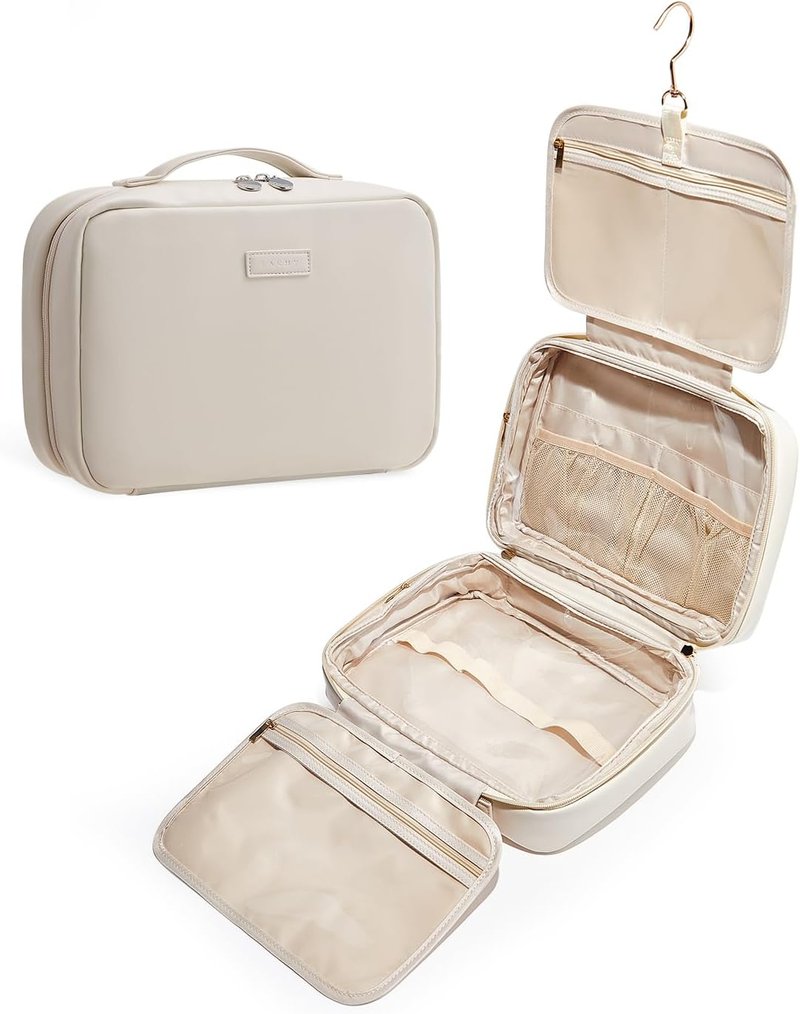EACHY Toiletry Bag - Waterproof Makeup Organizer with Hanging Hook | Full-Size PU Leather in Beige
