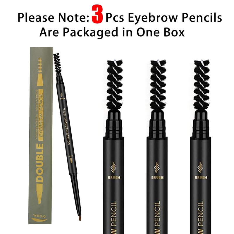 3Pcs Waterproof Eyebrow Pencil Dark Brown, Premium Eye Brow Pencil Brn with Spoolie Brush, Longwearing for Perfect Brows, Professional, Precision, Defines, Double-ended Eyebrow Pen for Women, O'CHEAL