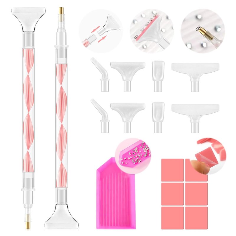 Rhinestone Picker Tool Kit - Dual-Ended Applicator & 12 Tips | Nail Art Craft Tools (Pink)