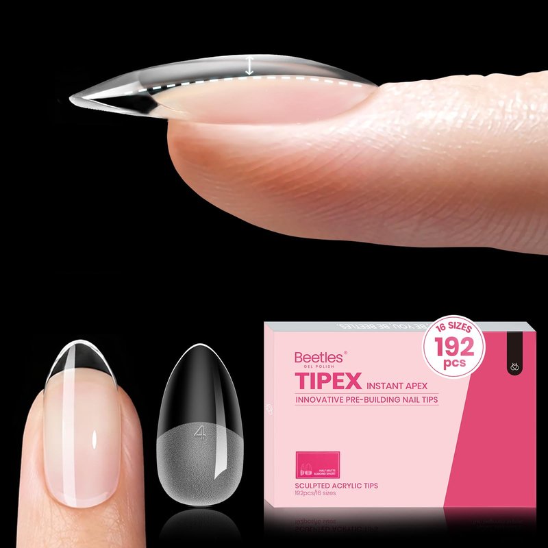 Beetles Tipex Instant Apex Nail Tips, Almond Short, 16 Sizes (00–14), 192pcs, Built-In Apex, No Builder Gel Required, Thicker Strong Acrylic Tips for DIY Nail Extensions