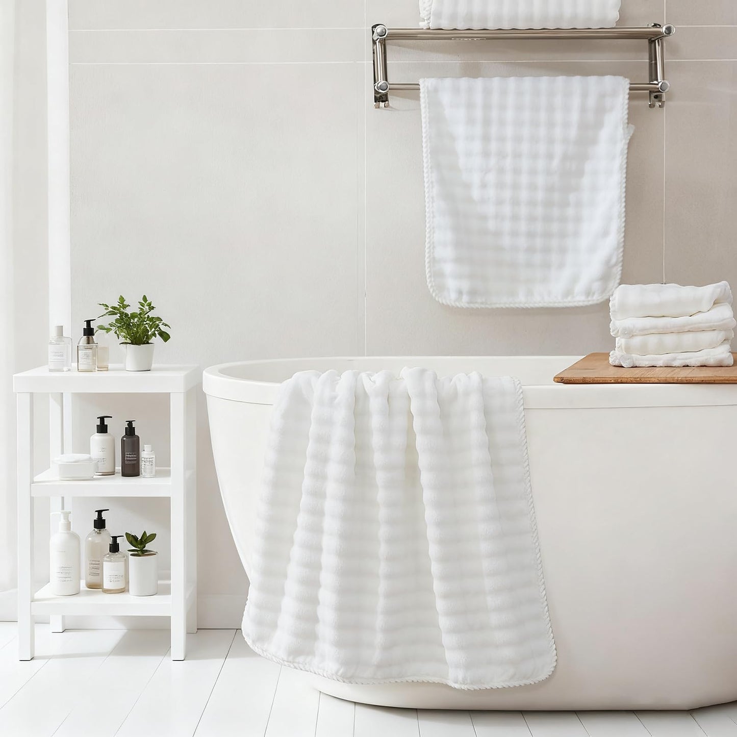 COZYART Lint Free Towel Sets 8 Pcs White, Super Soft, Thick Absorbent & Quick Dry Microfiber 3D Bubble Bathroom Daily Use Set with 2 Bath Towels, 2 Hair Towels, 2 Hand Towels, 2 Washcloths