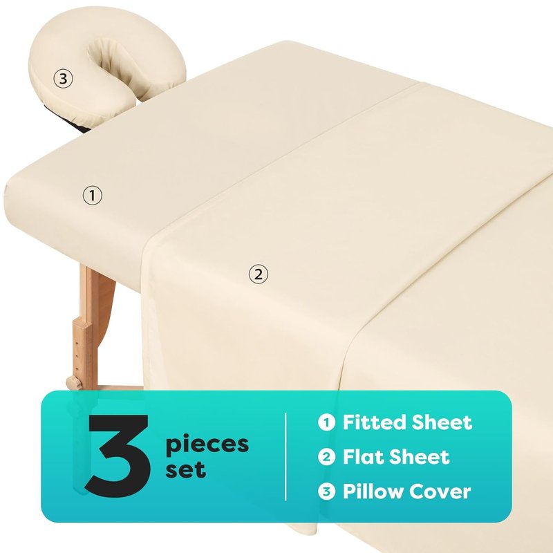 Comfyanno Massage Table Sheets Set - 3 Pcs Professional Microfiber, Soft & Stain Resistant | Natural Color