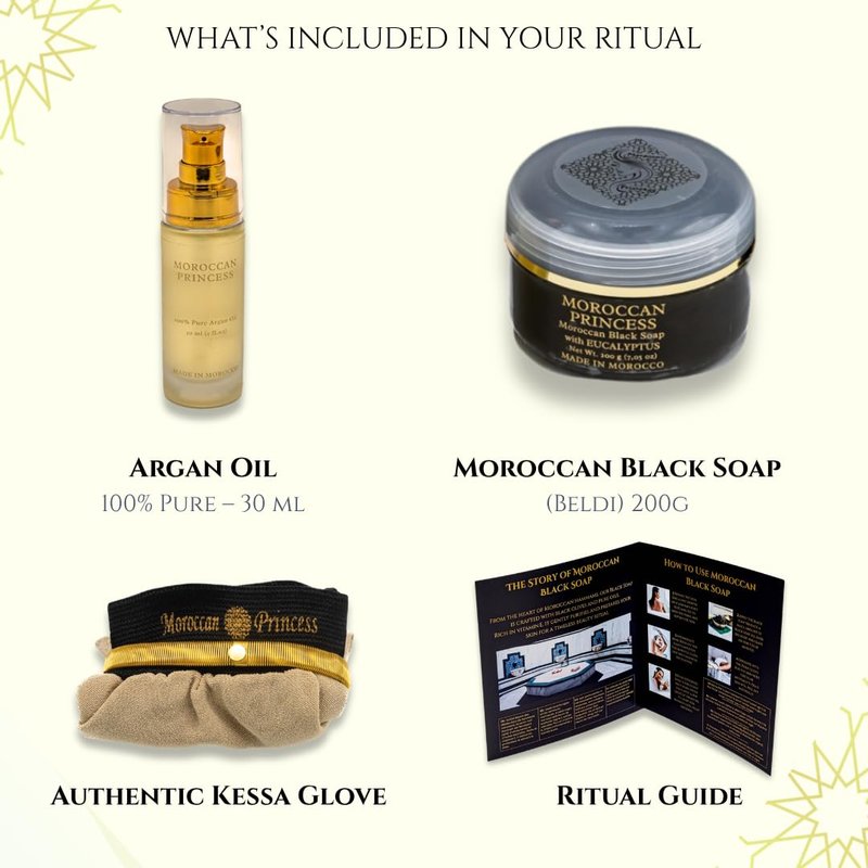 Moroccan Princess Moroccan Black Soap Set – Authentic Hammam Ritual Kit with Argan Oil & Kessa Exfoliating Glove – Exfoliating Body Scrub – Self Care & Gift Set – 200ml