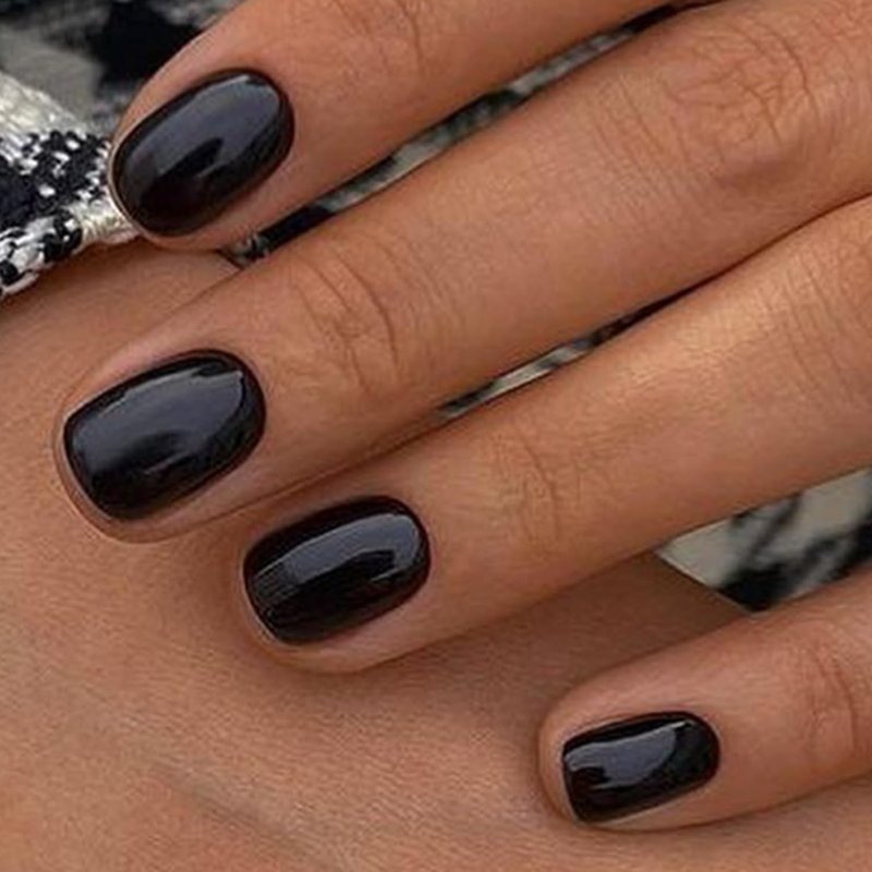 GLAMERMAID Black Extra Short Press on Nails, Natural Pure Black Fake Nails Short Squoval, Dark Gothic Square Soft Gel Glue on Nails, Acrylic False Nails, Opaque Glossy Round Emo Fake Nails for Women
