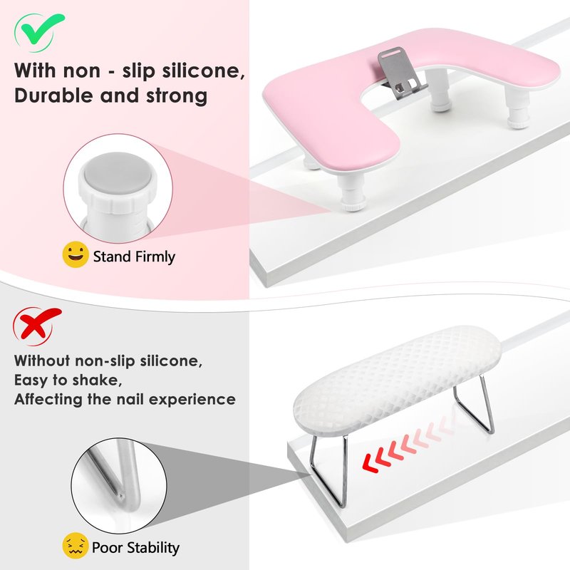 LIONVISON Arm Rest for Nails Tech: U Shaped Adjustable Height Ergonomic Nail Hand Rest Stand PU Leather with Rotating Phone Holder for Nail Salon Manicurist (Pink)