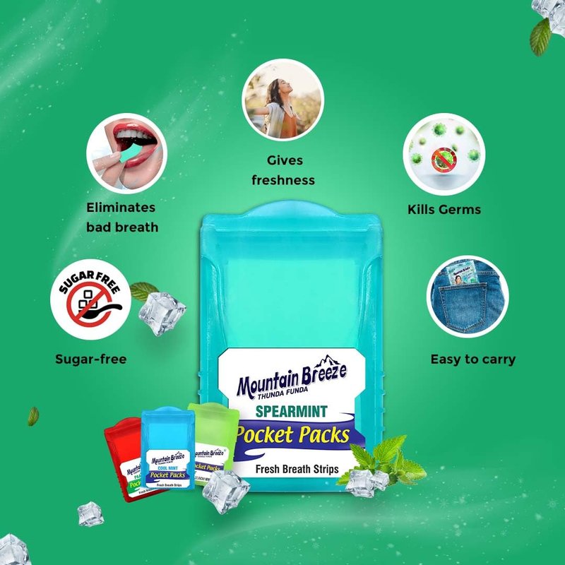 Mountain Breeze Oral Hygiene Mouth Freshener Sugar Free Spearmint Flavoured Breath Strips(24 Strips Each Cassatte)-Pack Of 1(3 Cassette), 50 Grams