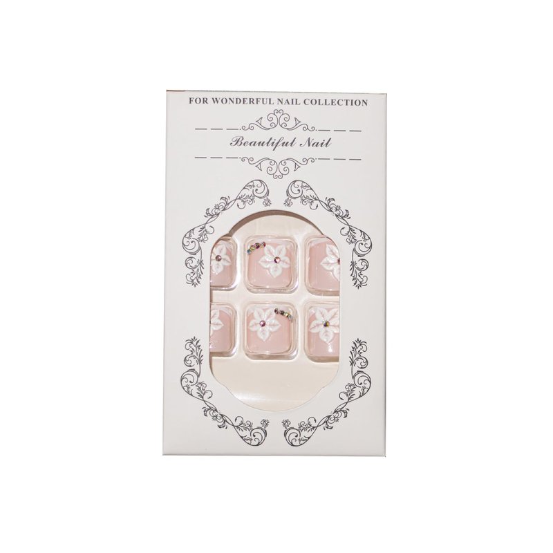 3D Floral Press-On Toenails - Short Square Fake Toe Nails with Rhinestones | White French Tip, 24pcs