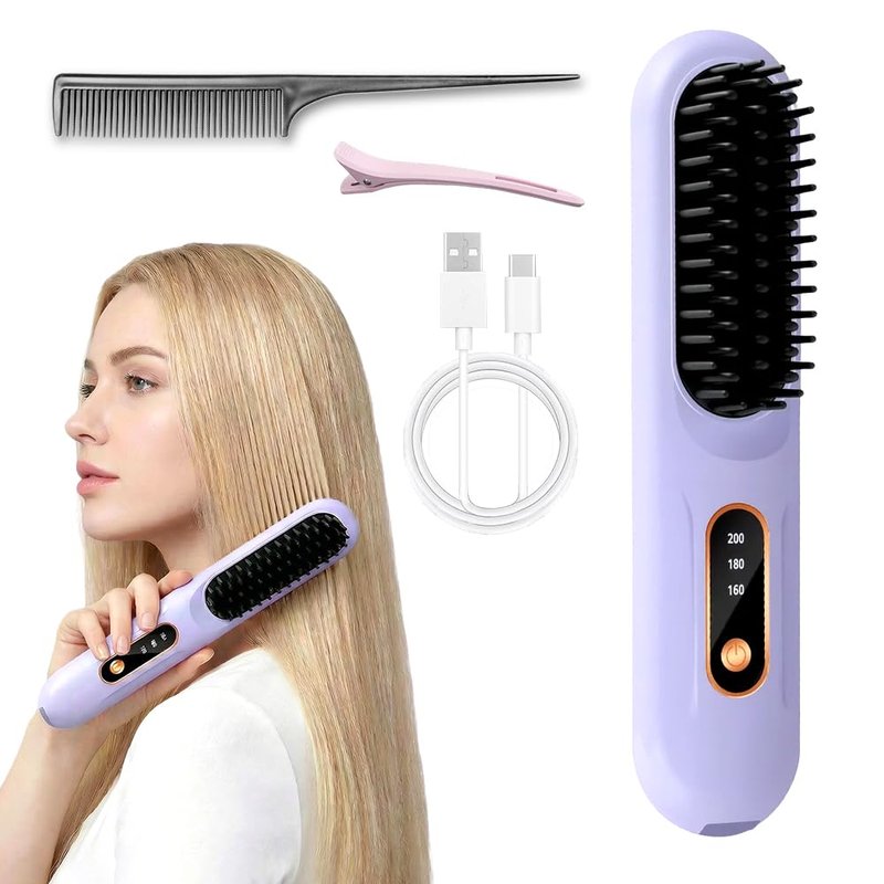 Portable Straightener Brush for Short Hair, 2026 Upgraded Cordless Straightening Brush with 30s Fast Heat, 3 Temperature Setting, Ionic Ceramic Care, USB-C Rechargeable for Frizz Free Styling (Purple)