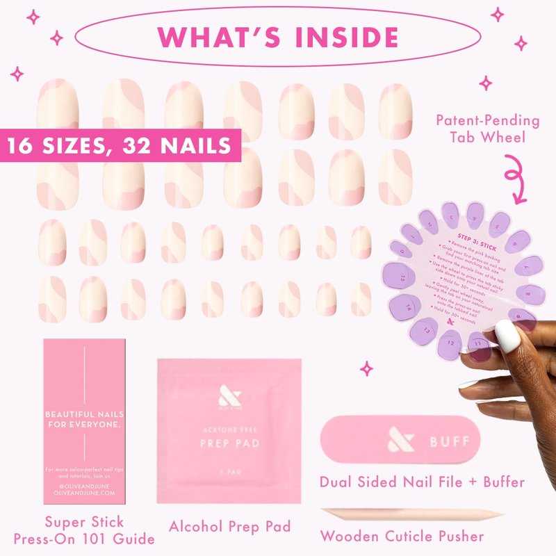 Olive & June Press-On Nails - Classic Super Stick | No Glue Needed | 32 Tabs in 16 Sizes | Non-Toxic, 7-Day Wear | Spring Flowers & Organic Swirl