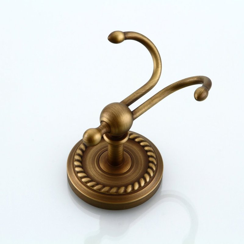 Kelelife Antique Brass Towel Hook, Screw-Mounted Shower Wall Hook, Wall-Mounted Bathroom Hook for Hanging Clothes & Robes, Vintage Brass Twist Series Long-Handle Double Hook