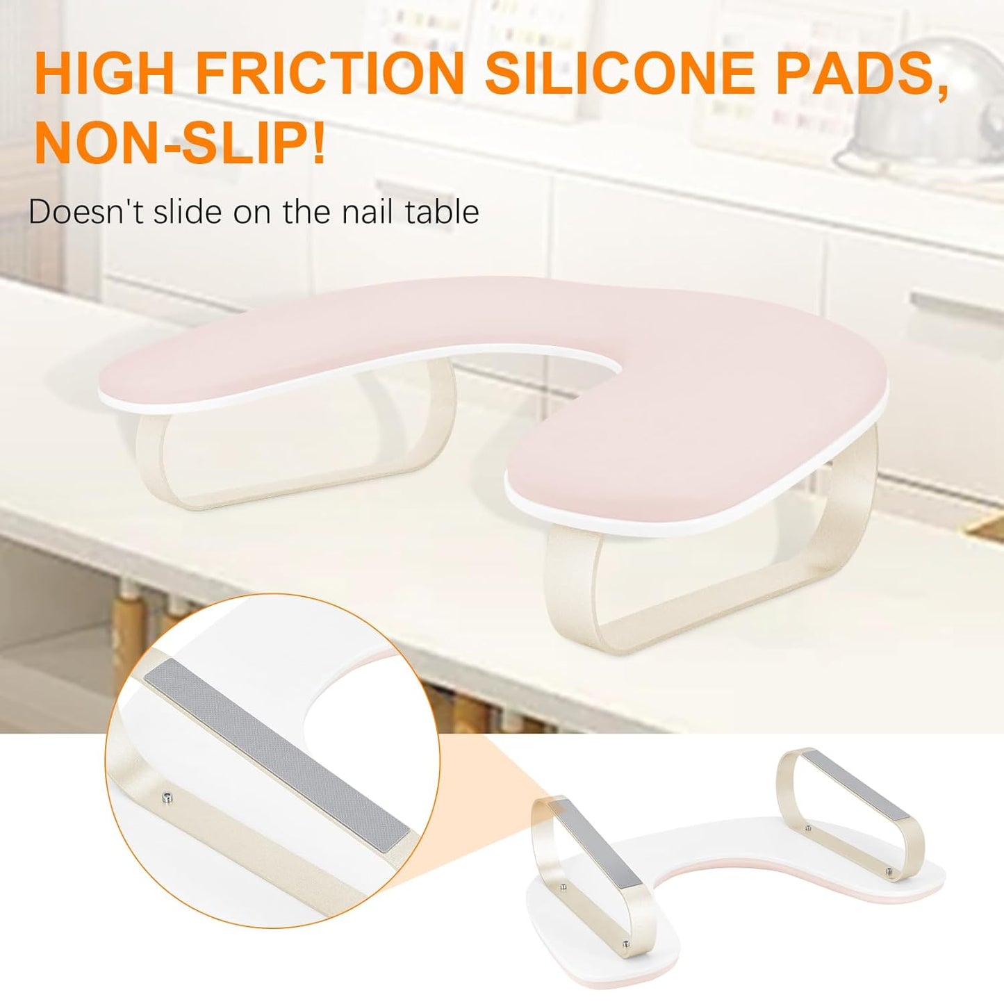 U-Shaped Nail Arm Rest Stand - Upgraded 10° Incline, Pink with Gold Aluminum Alloy Holder | Non-Slip Manicure Support