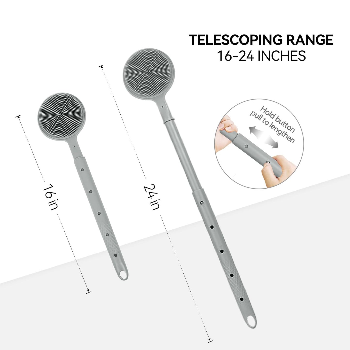 Back Scrubber for Shower, (16-24 Inch) Extendable Bath Brush Long Handle for Shower, Silicone Body Scrubber with Handle, Back Brush for Shower Men and Women,Easy to Clean (Gray)