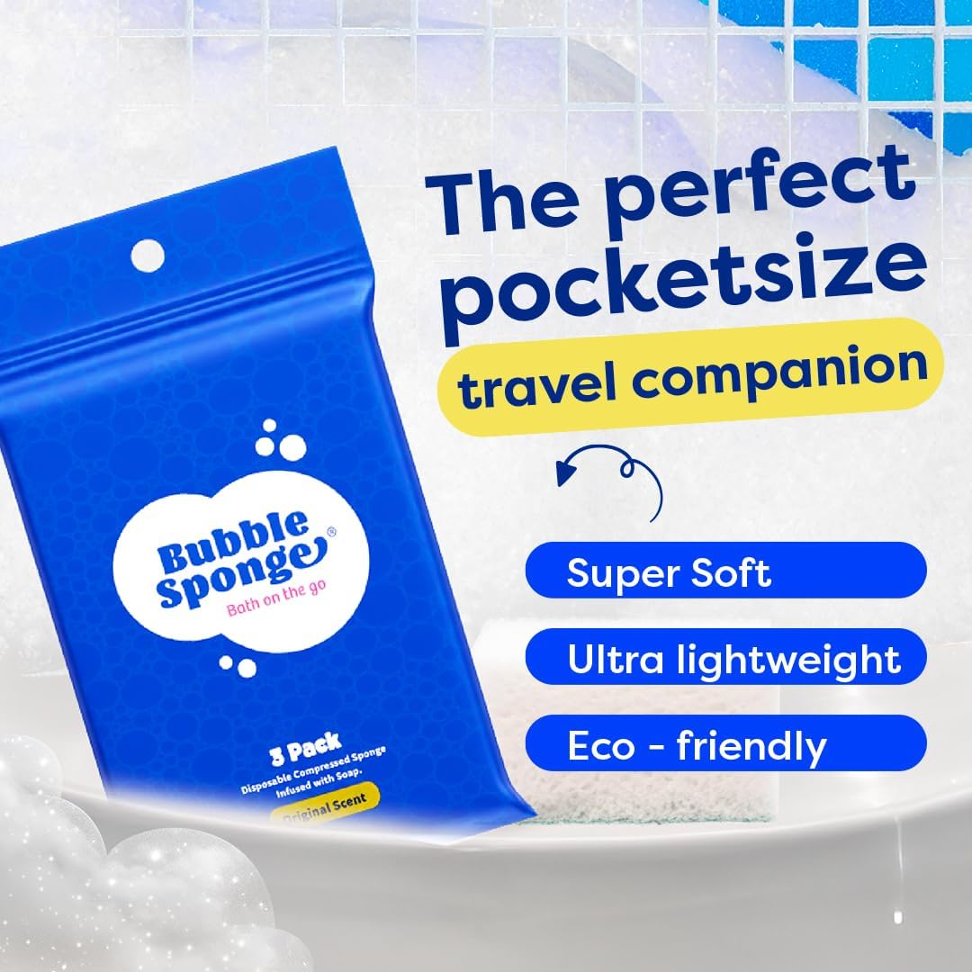 Bubble Sponge® Travel Sponge with Soap, 3-Ct. Disposable Compressed Bath Sponges Infused with Soap - Patent-Pending - No Rinse Shower Wipes - All-in-1 Single Use Bathing Sponges - Travel Essentials