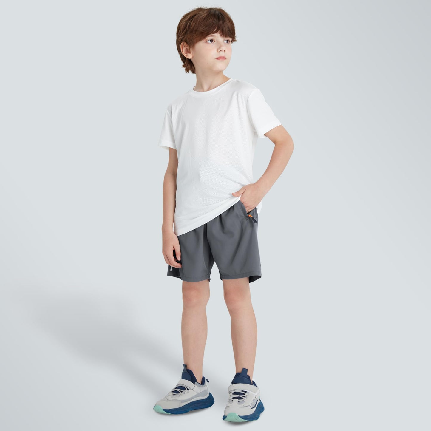 ANHDM Boys Athletic Shorts Quick Dry Sport Shorts Lightweight Running Shorts with Zipper Pockets (Pack of 3), Z/Black&Grey&Navy, 13-14T