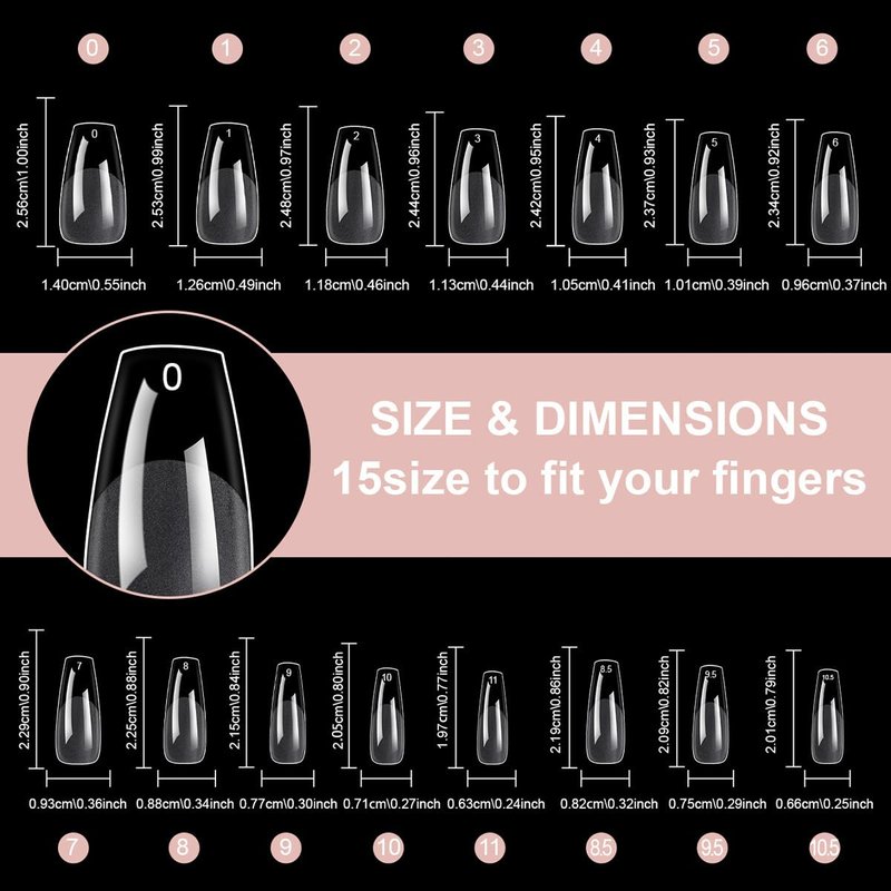 BlueZOO Gel Medium Coffin Etch X Nail Tips, 300Pcs 15 Sizes Acrylic Pre-Shaped Full Cover Clear False Nail Tip, Half Matte Press On Nails for Extension Nail Manicure Home DIY Salon Fake Nails with Box