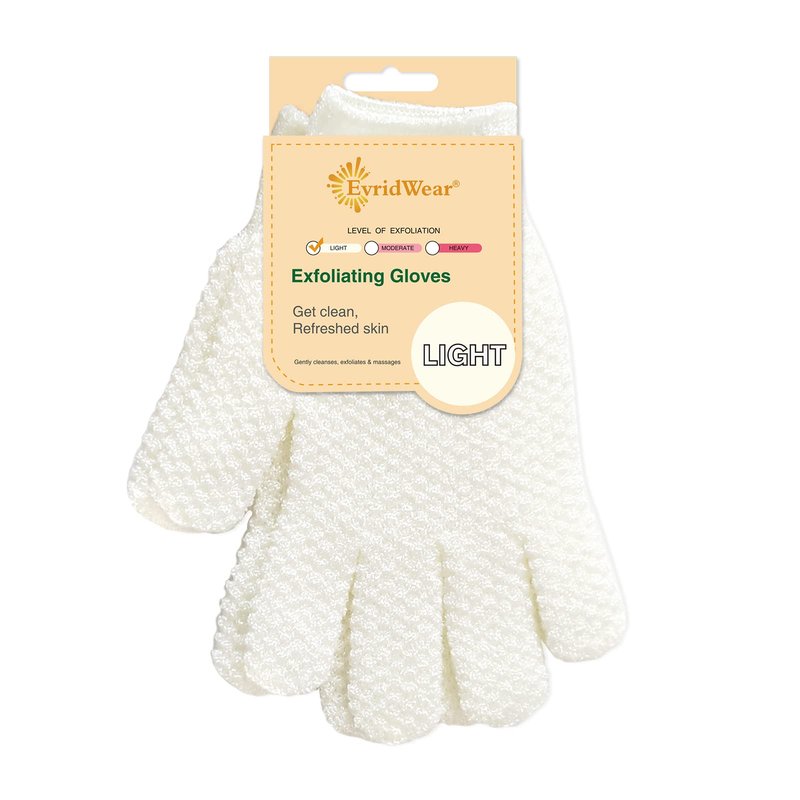 Evridwear Exfoliating Glove Shower Gloves Exfoliate Dead Skin for Dry Sensitive Skin No Irritation with Hanging Loop (White Gentle Exfoliation)