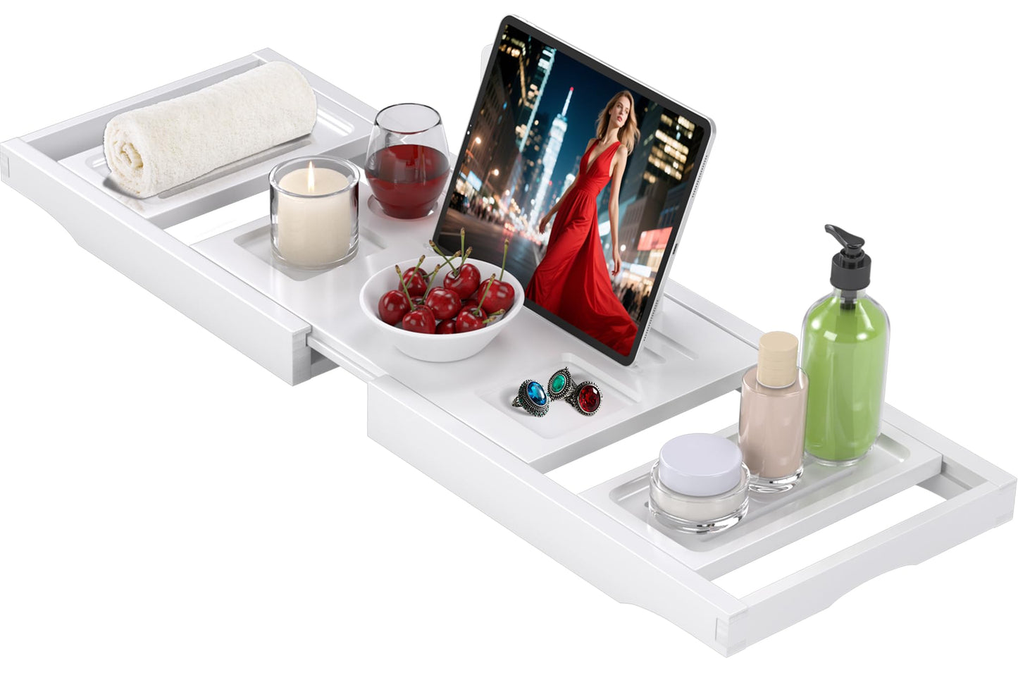 Bathtub Tray Caddy,Premium Bamboo Expandable Bath Tub Trays Table, Foldable Bathroom Accessories,Great House Warming, Anniversary and Birthday Gifts,White