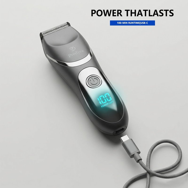 Predyee Men's Body and Groin Trimmer, Electric Manscaping Groomer with Skin-Friendly Ceramic Blade, LED Light, IPX7 Waterproof Wet/Dry Pubic Hair Shaver, USB-C Rechargeable Grooming Kit