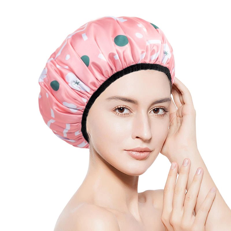 Aquior Shower Cap,Extra Large Triple Layer Bathing Cap with Dry Hair Function for Women Microfiber Terry Cloth Silky Satin 100%% Waterproof Reusable Long Hair Bath Caps (Pink Flora)