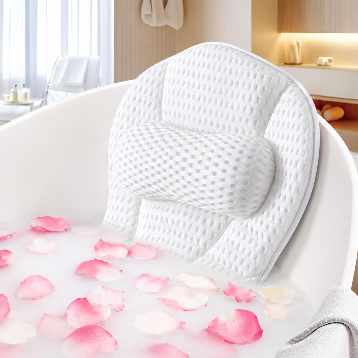 SQLHM Bath Pillows for Tub, Luxury Bath Pillow for Neck and Back Support - with Comfortable Breathable Cotton 6 Non-Slip Suction Cup Bathtub Accessories - Spa Bath Mat Gifts for Women (White)