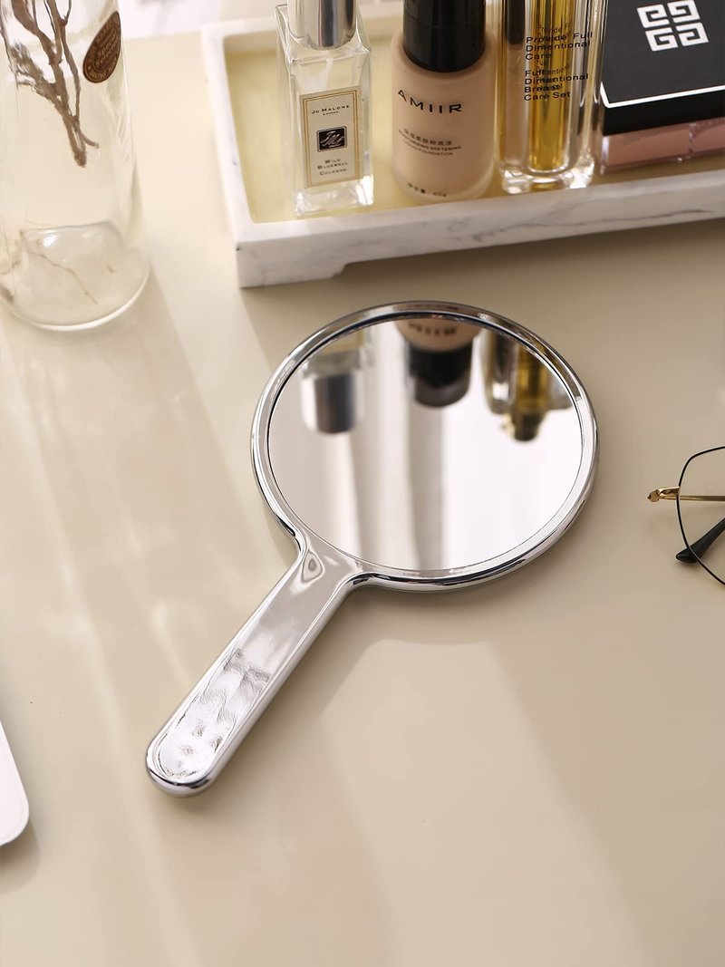 MIRRORNOVA Handheld Mirror, Water Ripples Hand Mirror with Handle for Make up, Round, Silver, Medium (4 x 8.7 inches)