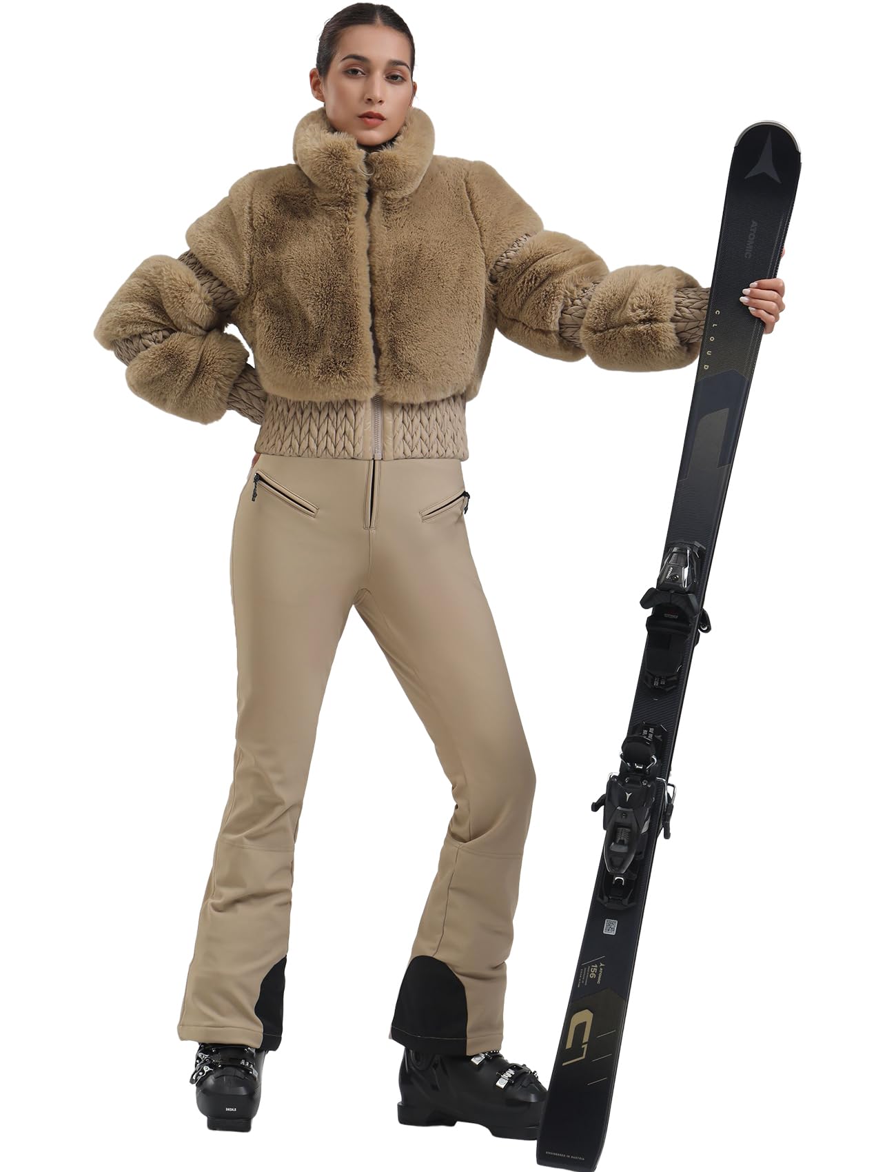 GSOU SNOW Women Ski Jacket Faux Fur Snowboard Coat Snow Cropped Jacket Winter Outdoor Warm
