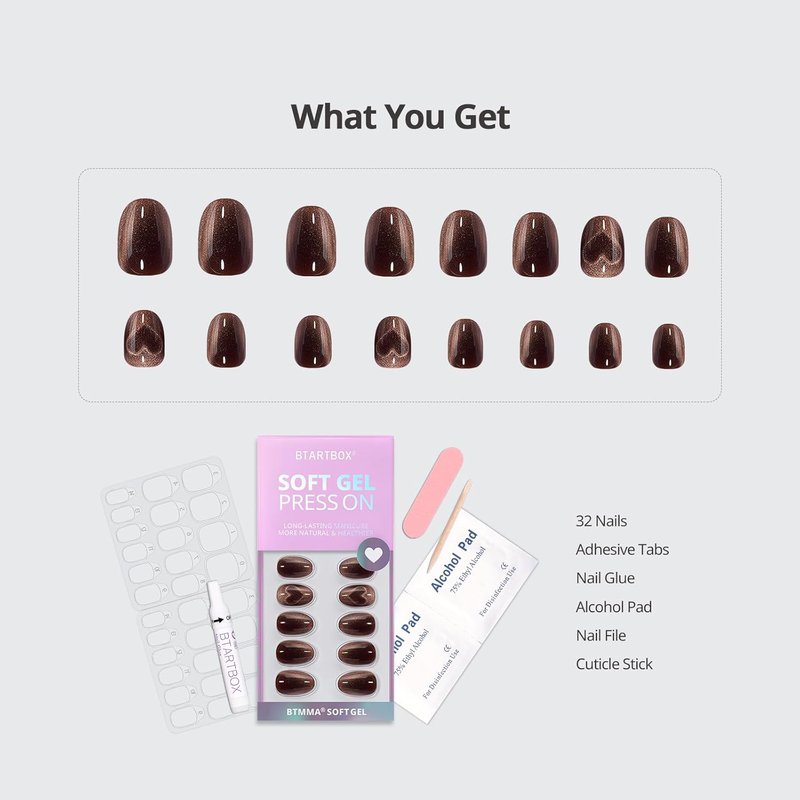 Press On Nails - Brown Cat Eye Almond Shape | Opaque Soft Gel, 32 Stick-On Nails in 16 Sizes