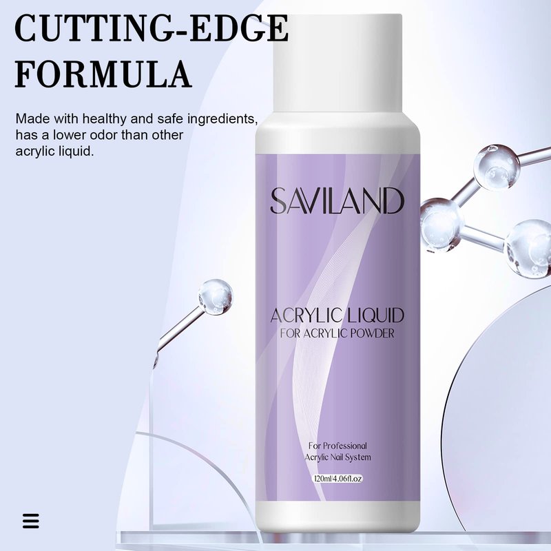Saviland Monomer Acrylic Nail Liquid, 4 oz Acrylic Liquid for Acrylic Powder, Professional Non-Yellowing Acrylic Monomer for Nail Extension Salon Home DIY