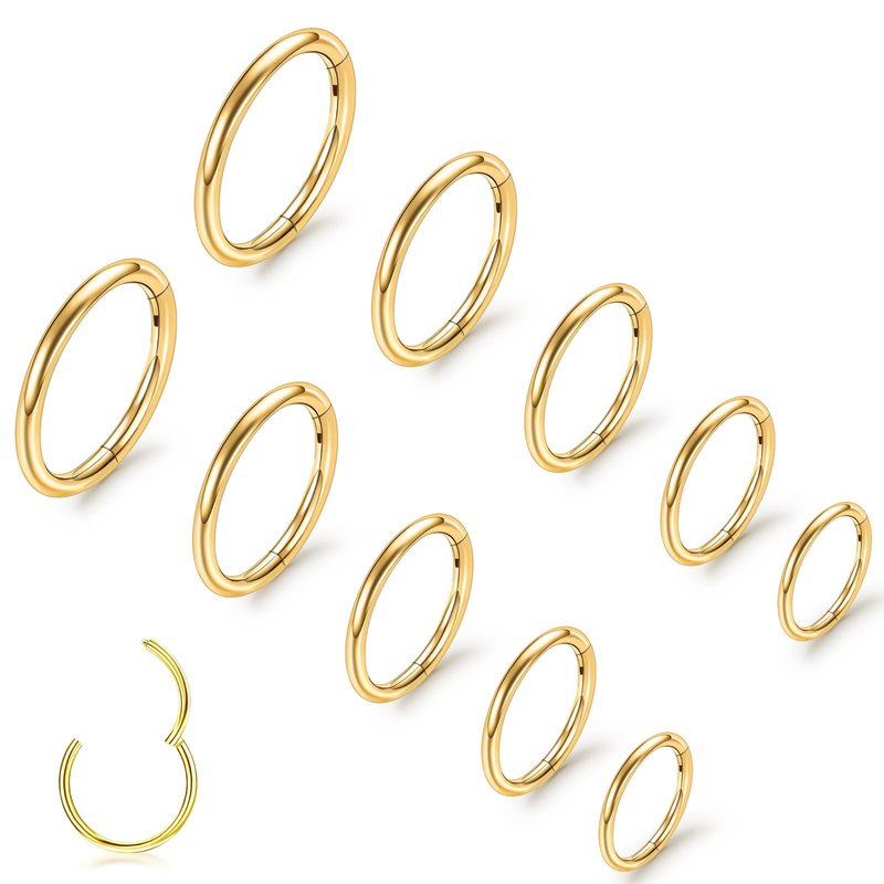 ONESING 10Pcs Gold Nose Ring Hoop 20G Clicker Nose Hoops Hypoallergenic Stainless Steel Nose Piercings Jewelry Gold Nose Jewelry Septum Helix Cartilage Lip Body Piercings for Women Men 7mm 8mm 9mm 10mm 12mm