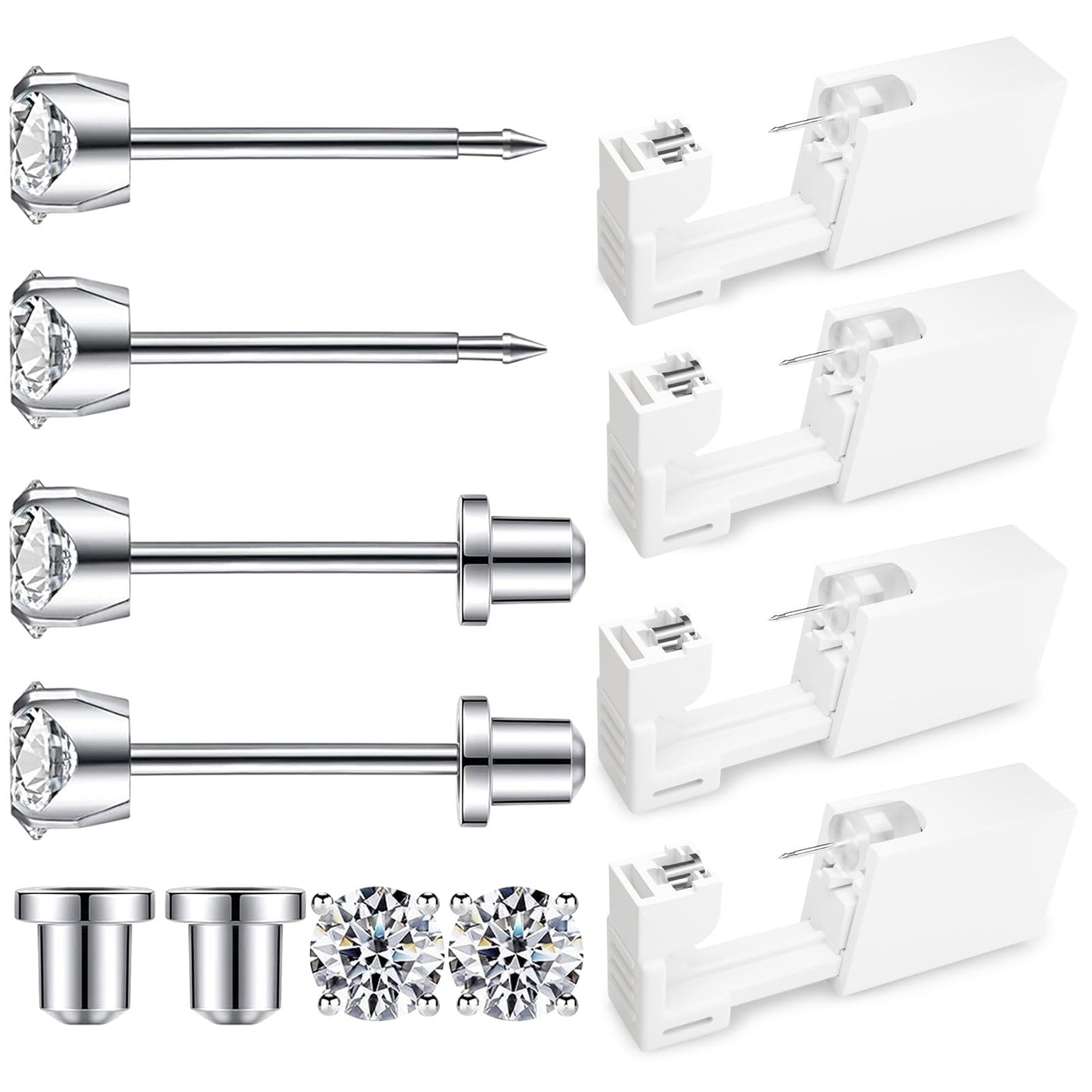 SugarTang Ear Piercing Kit | Disposable Ear Piercing Gun Kit Made in 316L Surgical Stainless Steel with 4mm - 4prong Cubic Zirconia | At Home Self Ear Piercer Kit with Earrings Stud | 4 Pack