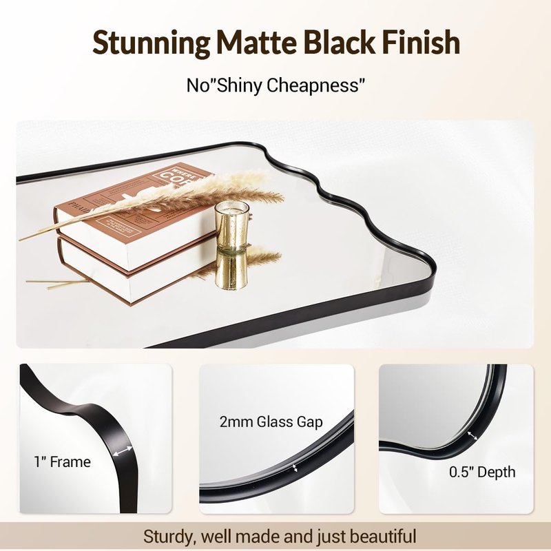 ANDY STAR 24x36 Wavy Rectangle Bathroom Mirror, Matte Black Scalloped Mirror with Curved Design, Irregular Wall Mirror for Vanity, Powder Room, Stainless Steel Frame, Anti-Rust
