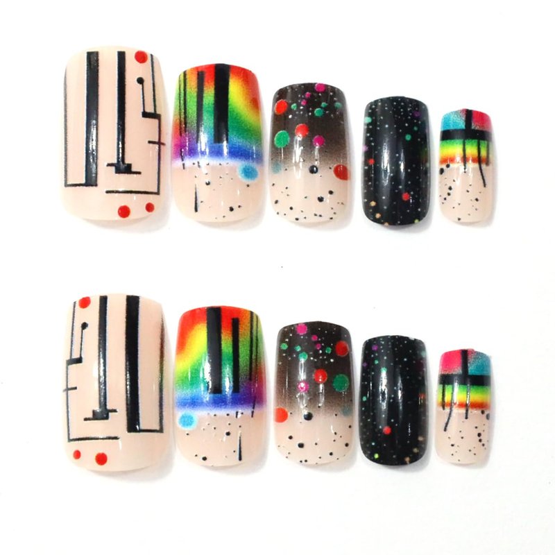 Rainbow Polka Dot Press on Nails Medium Square Fake Nails with Lines Dots Design Colorful Acrylic False Nail Glossy Full Cover Stick on Nail Reusable Artificial Summer Nails for Women 24Pcs