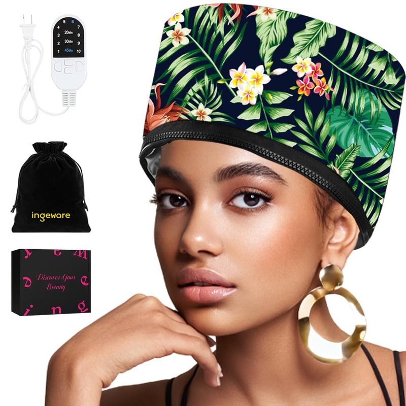 Heat Cap for Deep Conditioning, Ingeware Thermal Cap for Hair Steamer Cap for Natural Hair Portable Electric Heat Hair Spa Cap for Home Use Pattern (Floral Print)