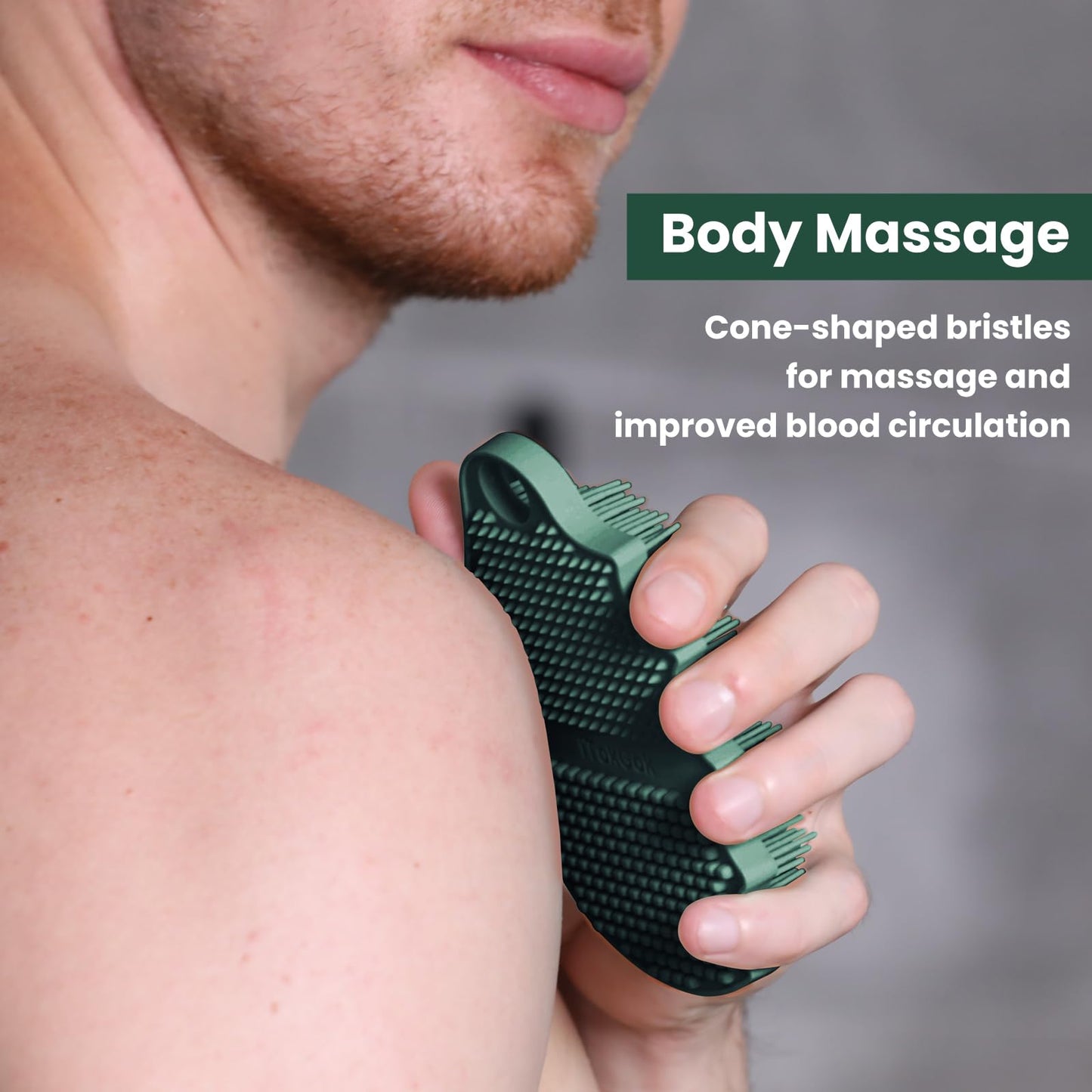 iTokGok Silicone Body Scrubber Silver-Infused Dual-Sided 3-in-1 for Shower, Body Cleaning+Massage+Exfoliator Body Brush Buffer for Men and Women, Silicone Loofah, Non-Slip Handle (Midnight Green)